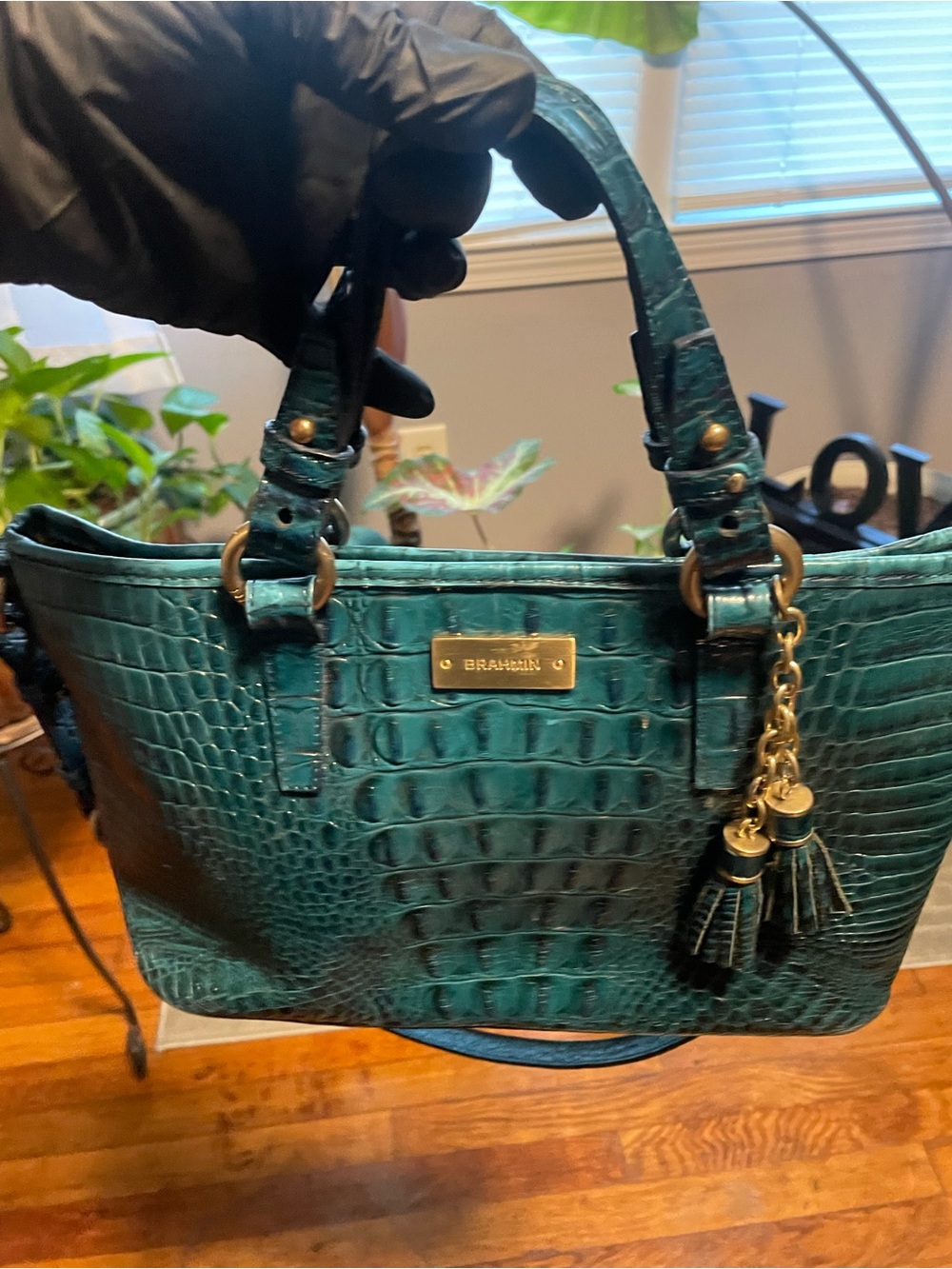 Brahmin Teal Croc-Embossed Crossbody Satchel